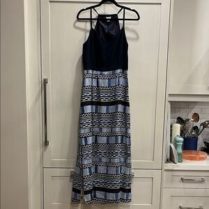 J Crew Amie strappy blue bodice patterned Blue white Black skirt Maxi Dress&belt
